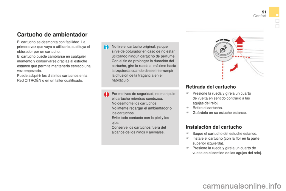 CITROEN DS3 2017  Manuales de Empleo (in Spanish) 91
DS3_es_Chap03_confort_ed02-2015
El cartucho se desmonta con facilidad. La 
primera vez que vaya a utilizarlo, sustituya el 
obturador por un cartucho.
El cartucho puede cambiarse en cualquier 
mome