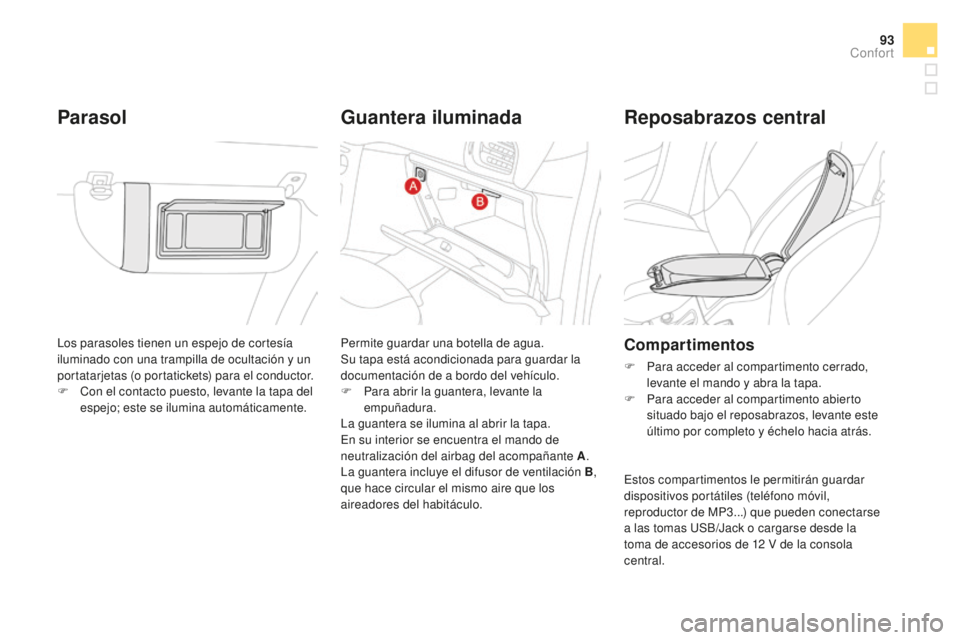 CITROEN DS3 2017  Manuales de Empleo (in Spanish) 93
DS3_es_Chap03_confort_ed02-2015
Los parasoles tienen un espejo de cortesía 
iluminado con una trampilla de ocultación y un 
portatarjetas (o portatickets) para el conductor.
F 
C
 on el contacto 