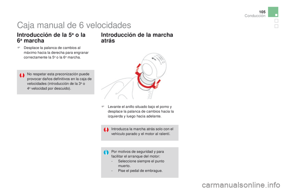CITROEN DS3 2016  Manuales de Empleo (in Spanish) 105
DS3_es_Chap04_conduite_ed01-2015
Caja manual de 6 velocidades
F Desplace la palanca de cambios al 
máximo hacia la derecha para engranar 
correctamente la 5
a o la 6a marcha.
Introducción de la 