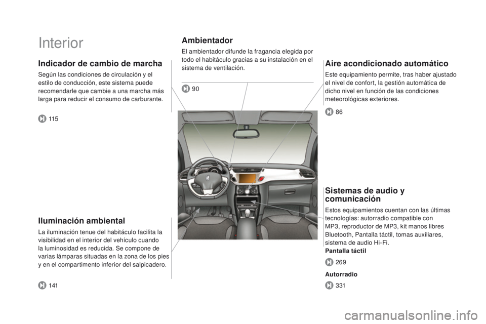CITROEN DS3 2016  Manuales de Empleo (in Spanish) DS3_es_Chap00b_vue-ensemble_ed01-2015
Interior
Iluminación ambiental
La iluminación tenue del habitáculo facilita la 
visibilidad en el interior del vehículo cuando 
la luminosidad es reducida. Se