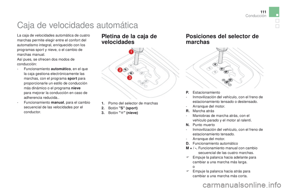 CITROEN DS3 2016  Manuales de Empleo (in Spanish) 111
DS3_es_Chap04_conduite_ed01-2015
La caja de velocidades automática de cuatro 
marchas permite elegir entre el confort del 
automatismo integral, enriquecido con los 
programas sport y nieve, o el