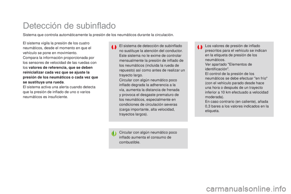 CITROEN DS3 2016  Manuales de Empleo (in Spanish) Detección de subinflado
Sistema que controla automáticamente la presión de los neumáticos durante la circulación.El sistema de detección de subinflado 
no sustituye la atención del conductor.
E