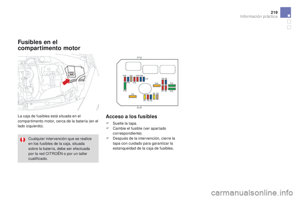 CITROEN DS3 2016 Manuales de Empleo (in Spanish) 219
DS3_es_Chap08_info-pratiques_ed01-2015
Fusibles en el
compartimento motor
La caja de fusibles está situada en el
compartimento motor, cerca de la batería (en el
lado izquierdo).Acceso a los f CITROEN DS3 2016 Manuales de Empleo (in Spanish) 219
DS3_es_Chap08_info-pratiques_ed01-2015
Fusibles en el
compartimento motor
La caja de fusibles está situada en el
compartimento motor, cerca de la batería (en el
lado izquierdo).Acceso a los f
