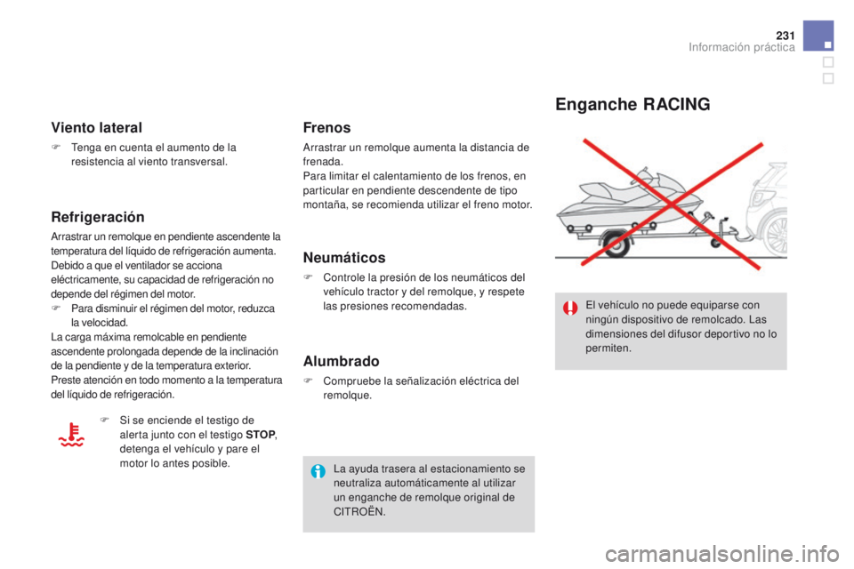 CITROEN DS3 2016 Manuales de Empleo (in Spanish) 231
DS3_es_Chap08_info-pratiques_ed01-2015
Enganche RACING
El vehículo no puede equiparse con
ningún dispositivo de remolcado. Las
dimensiones del difusor deportivo no lo
permiten.
Viento lateral CITROEN DS3 2016 Manuales de Empleo (in Spanish) 231
DS3_es_Chap08_info-pratiques_ed01-2015
Enganche RACING
El vehículo no puede equiparse con
ningún dispositivo de remolcado. Las
dimensiones del difusor deportivo no lo
permiten.
Viento lateral