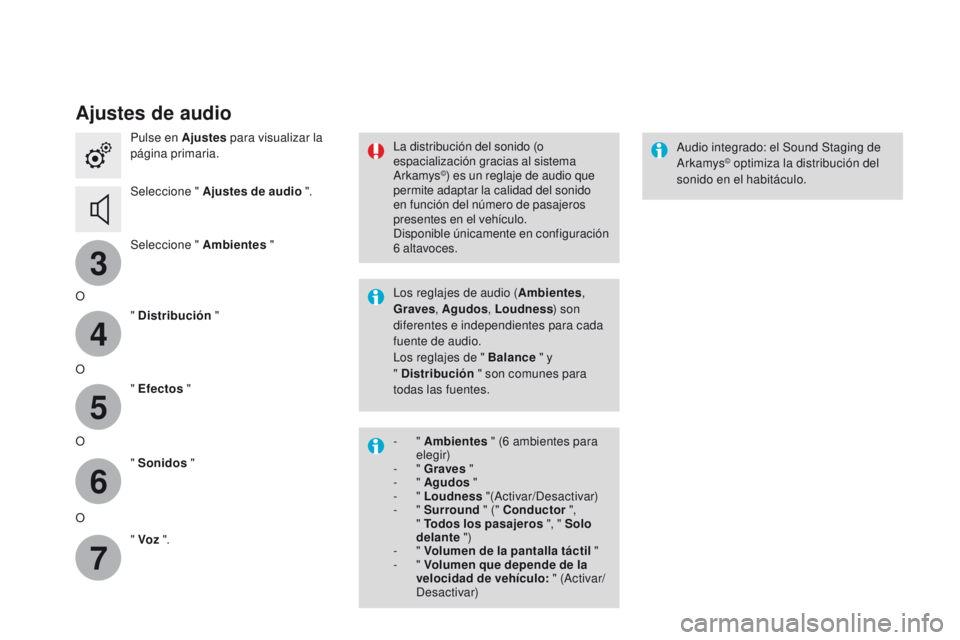 CITROEN DS3 2016 Manuales de Empleo (in Spanish) 3
4
5
6
7
DS3_es_Chap11c_SMEGplus_ed01-2015
Ajustes de audio
Pulse en Ajustes para visualizar la
página primaria.
Seleccione " Ajustes de audio ".
Seleccione " Ambientes "
O " D CITROEN DS3 2016 Manuales de Empleo (in Spanish) 3
4
5
6
7
DS3_es_Chap11c_SMEGplus_ed01-2015
Ajustes de audio
Pulse en Ajustes para visualizar la
página primaria.
Seleccione " Ajustes de audio ".
Seleccione " Ambientes "
O " D