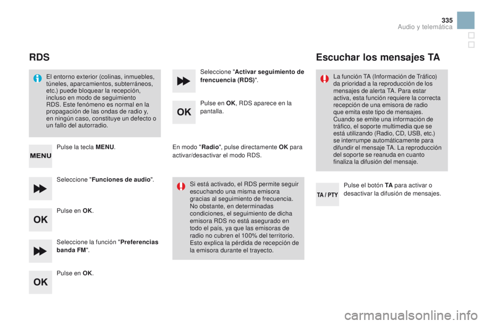 CITROEN DS3 2016 Manuales de Empleo (in Spanish) 335
DS3_es_Chap11d_RD45_ed01-2015
RDS
El entorno exterior (colinas, inmuebles,
túneles, aparcamientos, subterráneos,
etc.) puede bloquear la recepción,
incluso en modo de seguimiento
RDS. Este CITROEN DS3 2016 Manuales de Empleo (in Spanish) 335
DS3_es_Chap11d_RD45_ed01-2015
RDS
El entorno exterior (colinas, inmuebles,
túneles, aparcamientos, subterráneos,
etc.) puede bloquear la recepción,
incluso en modo de seguimiento
RDS. Este