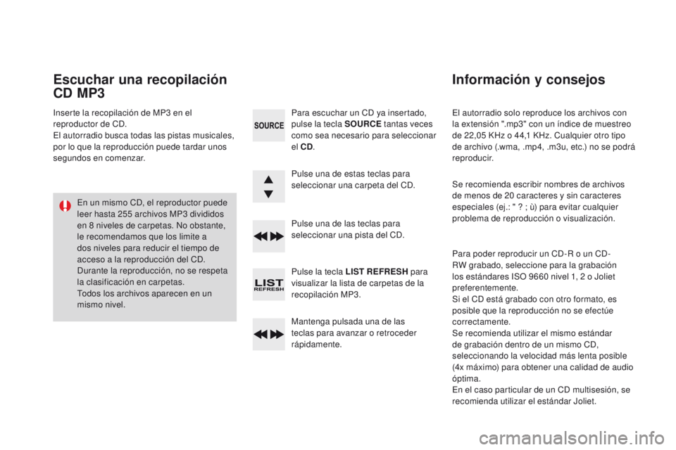 CITROEN DS3 2016 Manuales de Empleo (in Spanish) DS3_es_Chap11d_RD45_ed01-2015
El autorradio solo reproduce los archivos con
la extensión ".mp3" con un índice de muestreo
de 22,05 KHz o 44,1 KHz. Cualquier otro tipo
de archivo (.wma, CITROEN DS3 2016 Manuales de Empleo (in Spanish) DS3_es_Chap11d_RD45_ed01-2015
El autorradio solo reproduce los archivos con
la extensión ".mp3" con un índice de muestreo
de 22,05 KHz o 44,1 KHz. Cualquier otro tipo
de archivo (.wma,