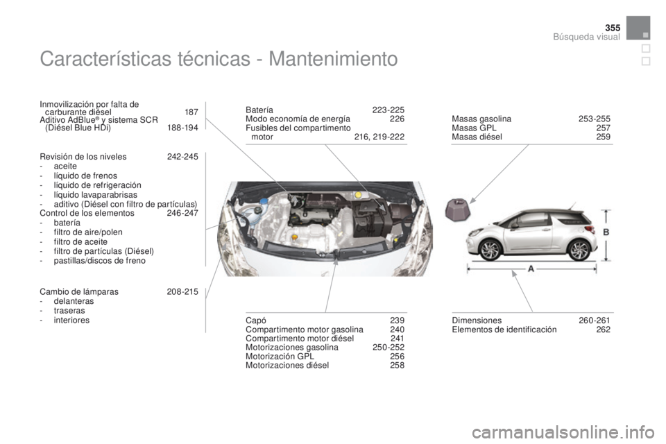 CITROEN DS3 2016 Manuales de Empleo (in Spanish) 355
DS3_es_Chap12_index-recherche_ed01-2015
Características técnicas - Mantenimiento
Inmovilización por falta de carburante diésel 1 87
Aditivo AdBlue
® y sistema SCR
(Diésel Blue HDi) 1 88 CITROEN DS3 2016 Manuales de Empleo (in Spanish) 355
DS3_es_Chap12_index-recherche_ed01-2015
Características técnicas - Mantenimiento
Inmovilización por falta de carburante diésel 1 87
Aditivo AdBlue
® y sistema SCR
(Diésel Blue HDi) 1 88