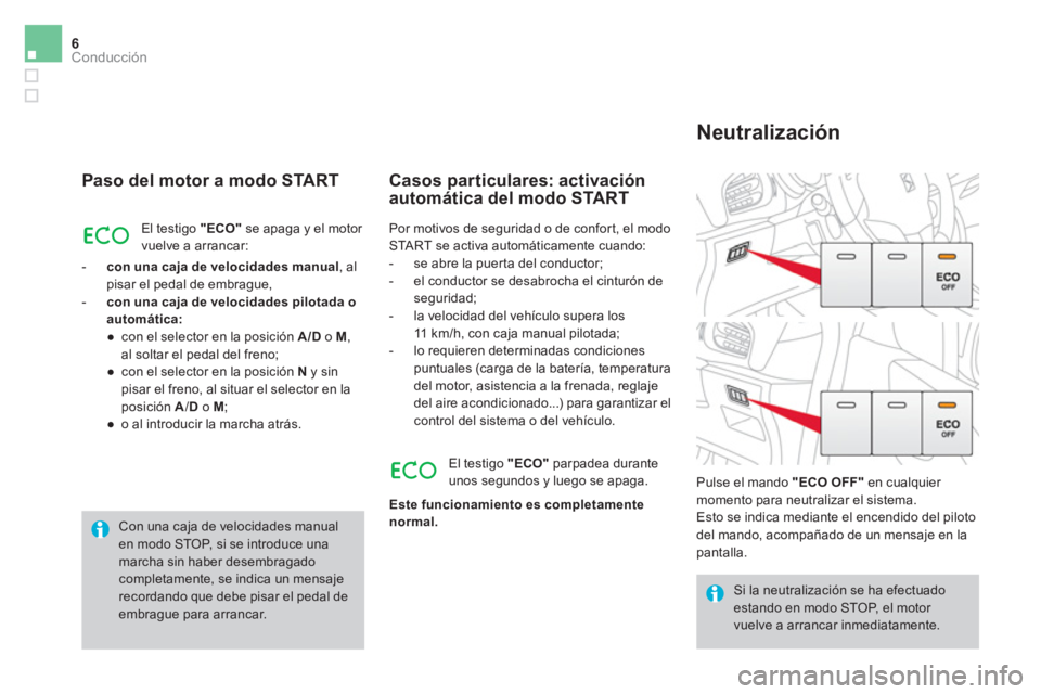 CITROEN DS3 2016 Manuales de Empleo (in Spanish) 6Conducción
Paso del motor a modo START
El testigo "ECO"
se apaga y el motor
vuelve a arrancar:
- con una caja de velocidades manual
, al
pisar el pedal de embrague,
- co CITROEN DS3 2016 Manuales de Empleo (in Spanish) 6Conducción
Paso del motor a modo START
El testigo "ECO"
se apaga y el motor
vuelve a arrancar:
- con una caja de velocidades manual
, al
pisar el pedal de embrague,
- co