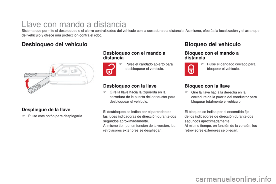 CITROEN DS3 2016  Manuales de Empleo (in Spanish) DS3_es_Chap02_ouvertures_ed01-2015
Llave con mando a distanciaSistema que permite el desbloqueo o el cierre centralizados del vehículo con la cerradura o a distancia. Asimismo, efectúa la localizaci
