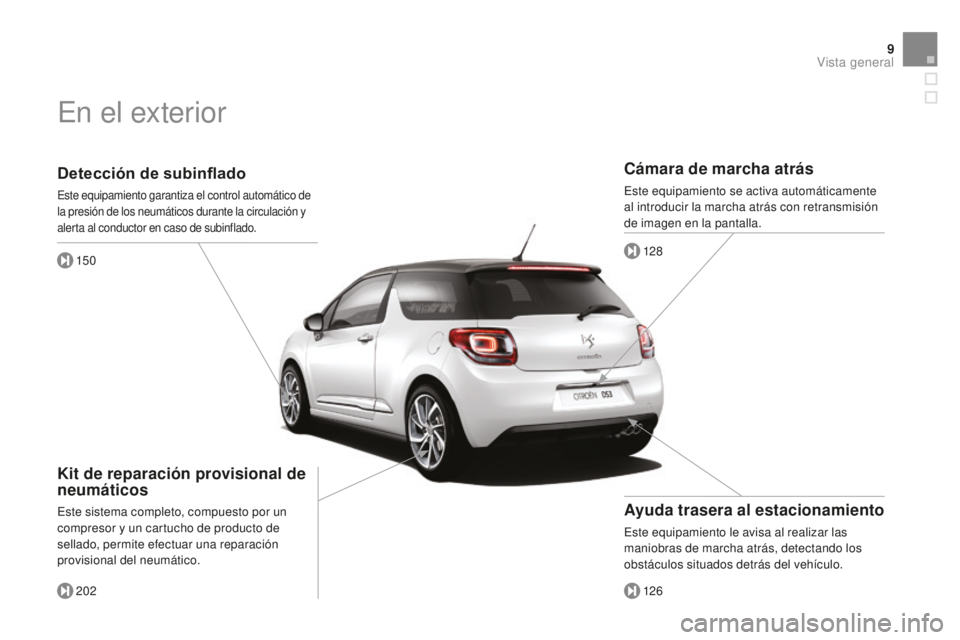 CITROEN DS3 2015 Manuales de Empleo (in Spanish) 9
DS3_es_Chap00b_vue-ensemble_ed01-2014
Detección de subinflado
este equipamiento garantiza el control automático de
la presión de los neumáticos durante la circulación y
alerta al conductor en CITROEN DS3 2015 Manuales de Empleo (in Spanish) 9
DS3_es_Chap00b_vue-ensemble_ed01-2014
Detección de subinflado
este equipamiento garantiza el control automático de
la presión de los neumáticos durante la circulación y
alerta al conductor en