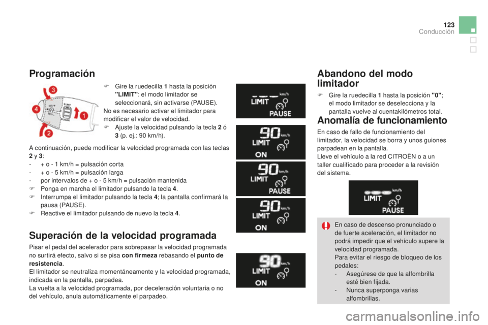 CITROEN DS3 2015 Manuales de Empleo (in Spanish) 123
DS3_es_Chap06_conduite_ed01-2014
F Gire la ruedecilla 1 hasta la posición
"LIMIT" : el modo limitador se
seleccionará, sin activarse (P
a
u
Se)
.
no e
s necesario activar el limita CITROEN DS3 2015 Manuales de Empleo (in Spanish) 123
DS3_es_Chap06_conduite_ed01-2014
F Gire la ruedecilla 1 hasta la posición
"LIMIT" : el modo limitador se
seleccionará, sin activarse (P
a
u
Se)
.
no e
s necesario activar el limita