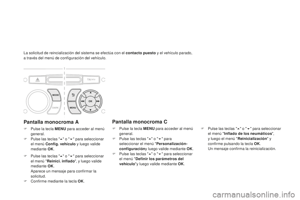 CITROEN DS3 2015 Manuales de Empleo (in Spanish) la solicitud de reincialización del sistema se efectúa con el contacto puesto y el vehículo parado,
a través del menú de configuración del vehículo.
Pantalla monocroma A
F Pulse la tecla MENU CITROEN DS3 2015 Manuales de Empleo (in Spanish) la solicitud de reincialización del sistema se efectúa con el contacto puesto y el vehículo parado,
a través del menú de configuración del vehículo.
Pantalla monocroma A
F Pulse la tecla MENU