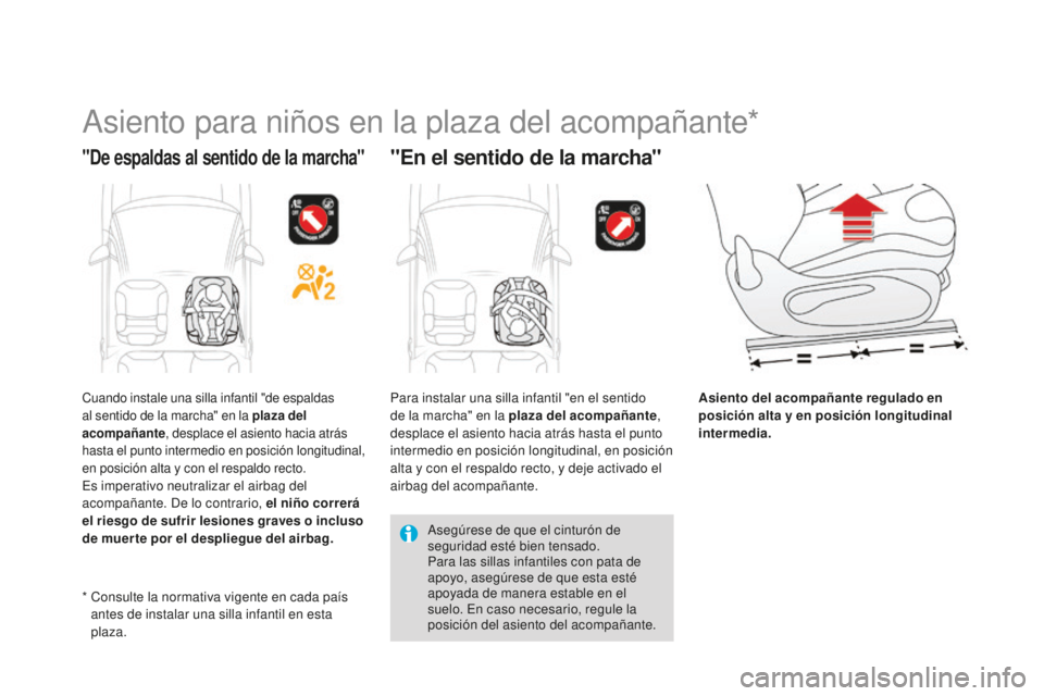 CITROEN DS3 2015 Manuales de Empleo (in Spanish) DS3_es_Chap09_securite-enfants_ed01-2014
asiento para niños en la plaza del acompañante*
"De espaldas al sentido de la marcha""En el sentido de la marcha"
Asiento del acompañante re CITROEN DS3 2015 Manuales de Empleo (in Spanish) DS3_es_Chap09_securite-enfants_ed01-2014
asiento para niños en la plaza del acompañante*
"De espaldas al sentido de la marcha""En el sentido de la marcha"
Asiento del acompañante re