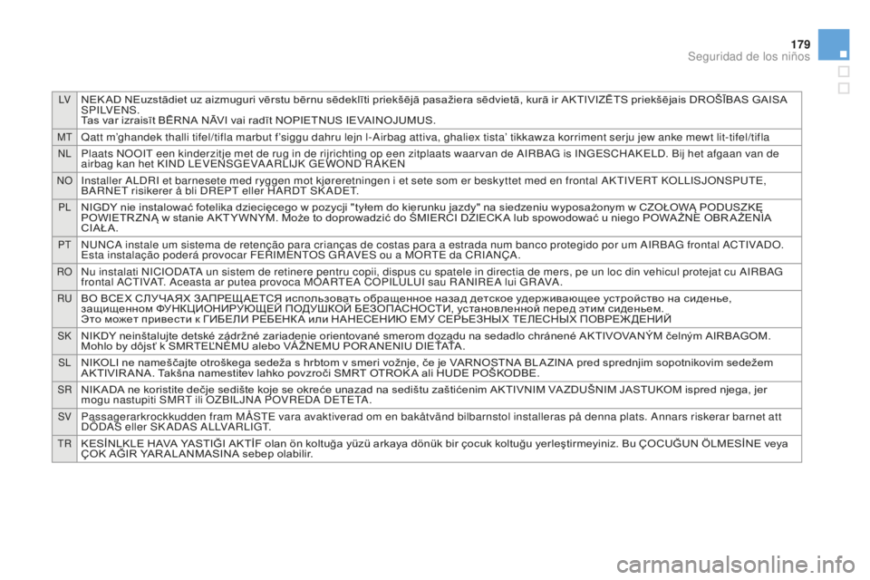 CITROEN DS3 2015 Manuales de Empleo (in Spanish) lVNEK AD NEuzstādiet uz aizmuguri vērstu bērnu sēdeklīti priekšējā pasažiera sēdvietā, kurā ir AKTIVIZĒTS priekšējais DROŠĪBAS GAISA
S PilVe nS .
Tas var izraisīt BĒRNA NĀVI vai r CITROEN DS3 2015 Manuales de Empleo (in Spanish) lVNEK AD NEuzstādiet uz aizmuguri vērstu bērnu sēdeklīti priekšējā pasažiera sēdvietā, kurā ir AKTIVIZĒTS priekšējais DROŠĪBAS GAISA
S PilVe nS .
Tas var izraisīt BĒRNA NĀVI vai r