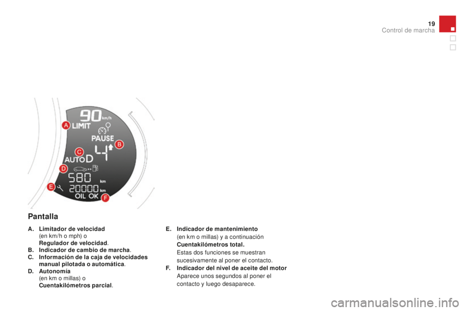 CITROEN DS3 2015 Manuales de Empleo (in Spanish) 19
DS3_es_Chap01_controle-de-marche_ed01-2014
Pantalla
E. Indicador de mantenimiento (
en km o millas) y a continuación
C
uentakilómetros total.
e
s
tas dos funciones se muestran
sucesivam CITROEN DS3 2015 Manuales de Empleo (in Spanish) 19
DS3_es_Chap01_controle-de-marche_ed01-2014
Pantalla
E. Indicador de mantenimiento (
en km o millas) y a continuación
C
uentakilómetros total.
e
s
tas dos funciones se muestran
sucesivam