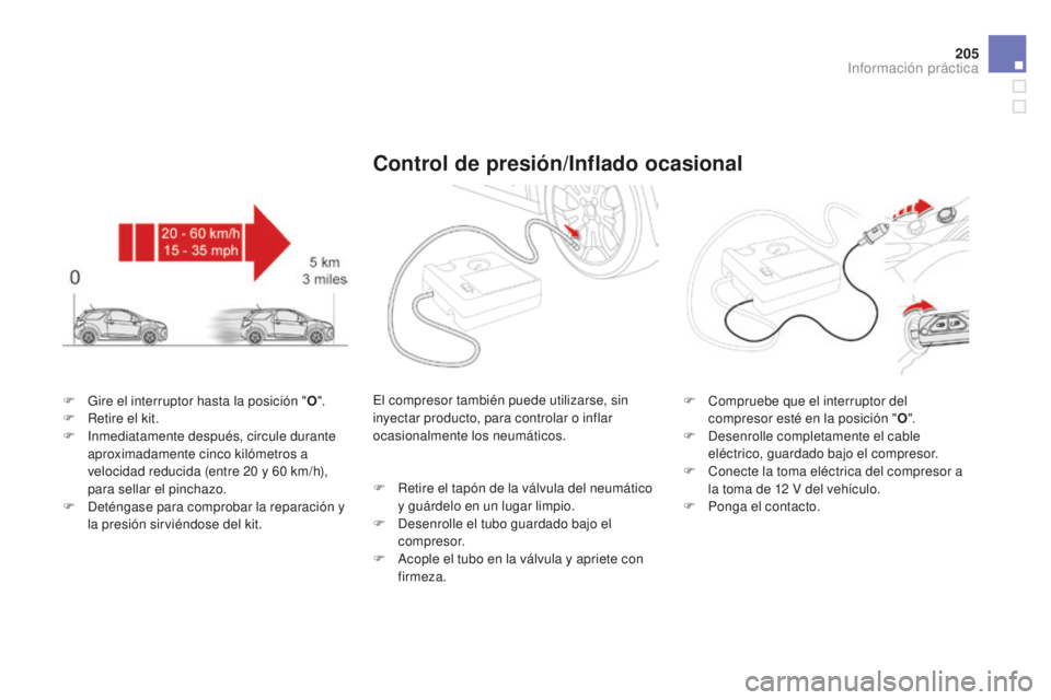 CITROEN DS3 2015  Manuales de Empleo (in Spanish) 205
DS3_es_Chap10_info-pratiques_ed01-2014
F Gire el interruptor hasta la posición "O".
F  R etire el kit.
F
  i nmediatamente después, circule durante 
aproximadamente cinco kilómetros a 
