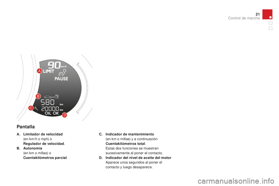 CITROEN DS3 2015 Manuales de Empleo (in Spanish) 21
DS3_es_Chap01_controle-de-marche_ed01-2014
Pantalla
C. Indicador de mantenimiento (
en km o millas) y a continuación
C
uentakilómetros total .
e
s
tas dos funciones se muestran
sucesivam CITROEN DS3 2015 Manuales de Empleo (in Spanish) 21
DS3_es_Chap01_controle-de-marche_ed01-2014
Pantalla
C. Indicador de mantenimiento (
en km o millas) y a continuación
C
uentakilómetros total .
e
s
tas dos funciones se muestran
sucesivam