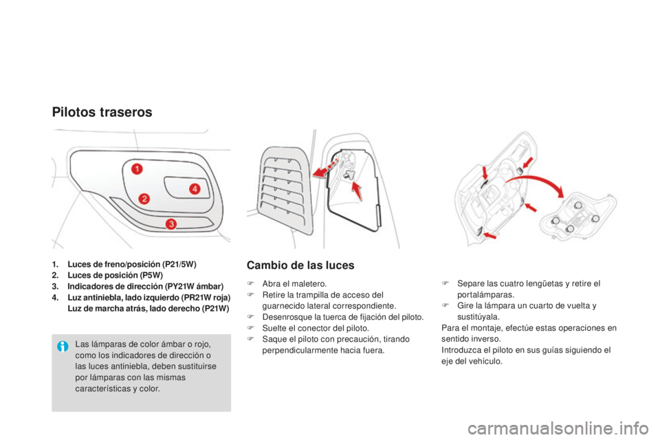 CITROEN DS3 2015  Manuales de Empleo (in Spanish) DS3_es_Chap10_info-pratiques_ed01-2014
1. Luces de freno/posición (P21/5W)
2. L uces de posición (P5W)
3.
 I

ndicadores de dirección (PY21W ámbar)
4. Luz antiniebla, lado izquierdo (PR21W roja)  