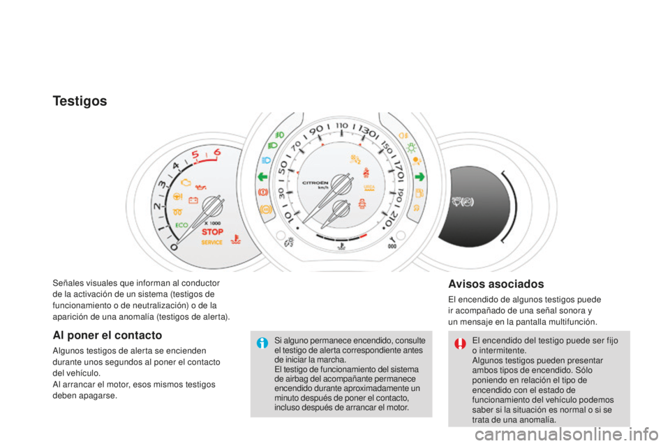 CITROEN DS3 2015 Manuales de Empleo (in Spanish) DS3_es_Chap01_controle-de-marche_ed01-2014
Señales visuales que informan al conductor
de la activación de un sistema (testigos de
funcionamiento o de neutralización) o de la
aparición de una an CITROEN DS3 2015 Manuales de Empleo (in Spanish) DS3_es_Chap01_controle-de-marche_ed01-2014
Señales visuales que informan al conductor
de la activación de un sistema (testigos de
funcionamiento o de neutralización) o de la
aparición de una an