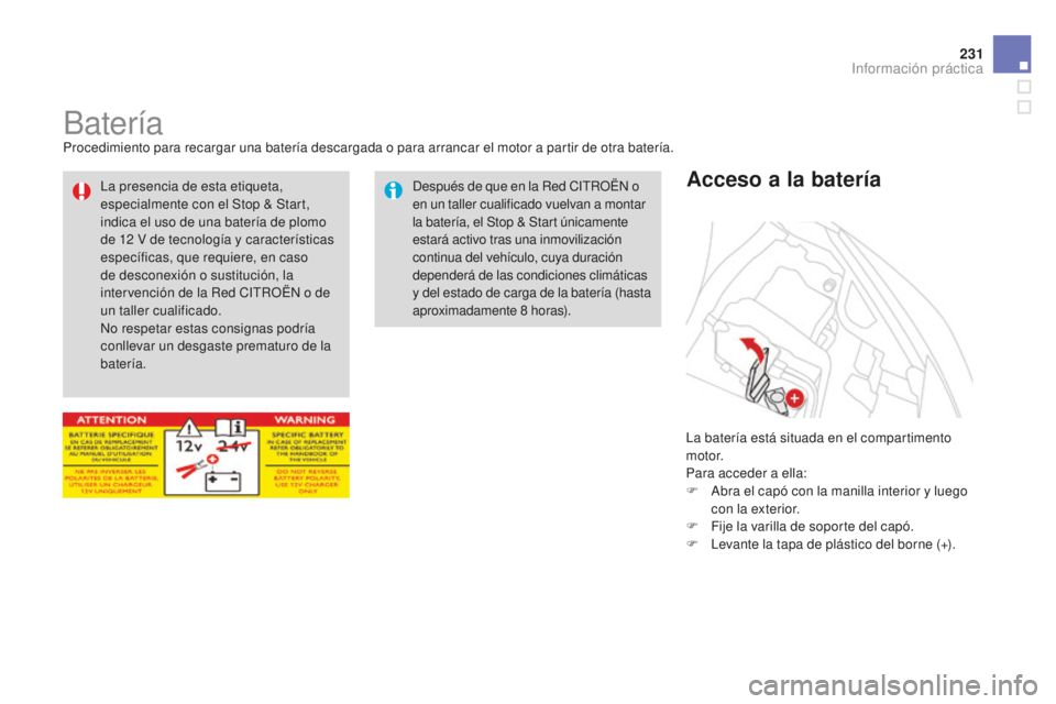 CITROEN DS3 2015  Manuales de Empleo (in Spanish) 231
DS3_es_Chap10_info-pratiques_ed01-2014
BateríaProcedimiento para recargar una batería descargada o para arrancar el motor a partir de otra batería.
la b
atería está situada en el compartiment