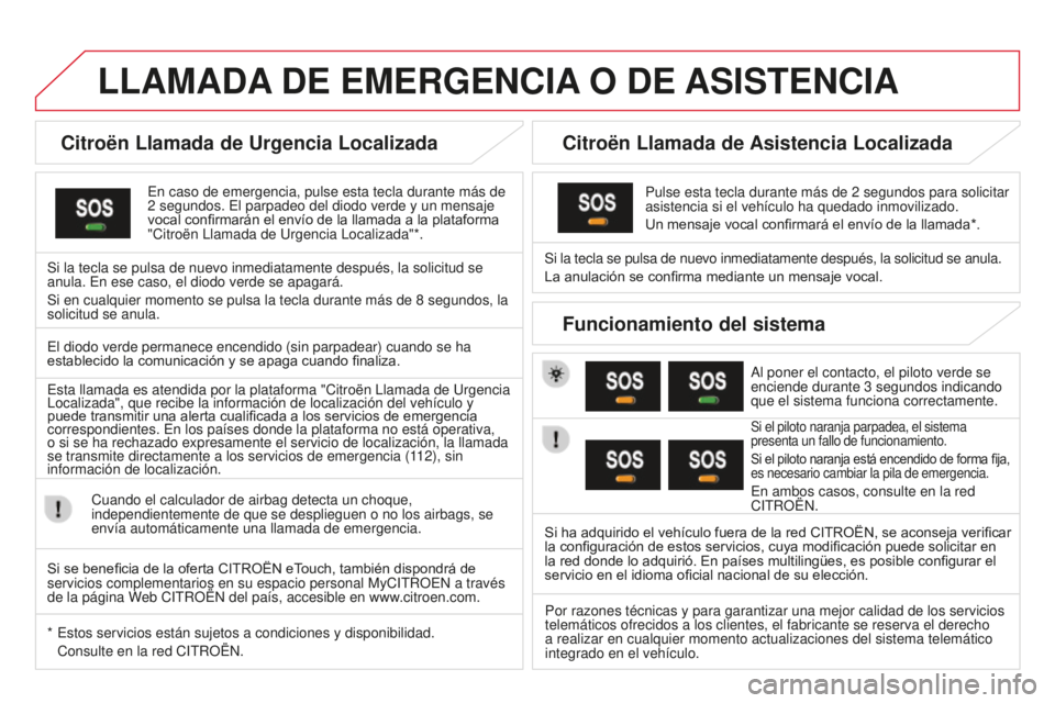 CITROEN DS3 2015  Manuales de Empleo (in Spanish) DS3_es_Chap13a_Bta_ed01-2014
LLAMADA DE   EMERGENCIA  O   DE  ASISTENCIA
Citroën Llamada de Urgencia Localizada
en caso de emergencia, pulse esta tecla durante más de 
2   segundos.  e l parpadeo de