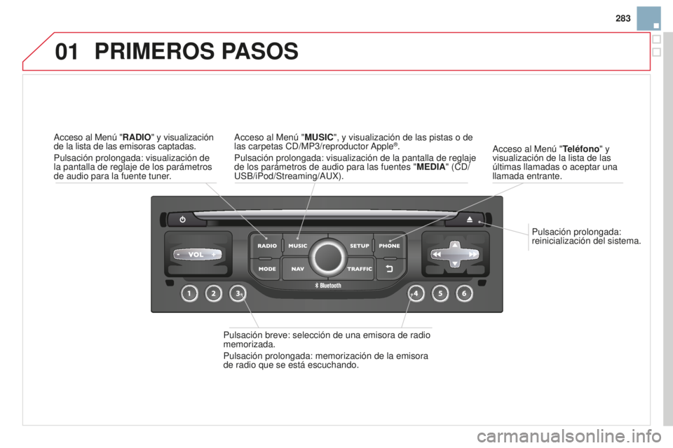 CITROEN DS3 2015  Manuales de Empleo (in Spanish) 01
283
DS3_es_Chap13b_Rt6-2-8_ed01-2014
Pulsación prolongada: 
reinicialización del sistema.
a

cceso al Menú "
Teléfono" y 
visualización de la lista de las 
últimas llamadas o aceptar 