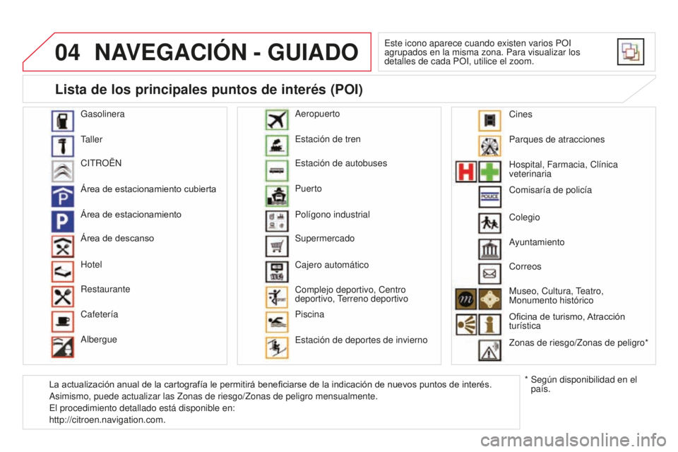 CITROEN DS3 2015  Manuales de Empleo (in Spanish) 04
DS3_es_Chap13b_Rt6-2-8_ed01-2014
NAVEGACIÓN - GUIADO
este icono aparece cuando existen varios POi 
agrupados en la misma zona. Para visualizar los 
detalles de cada PO
i , utilice el zoom.
Gasolin