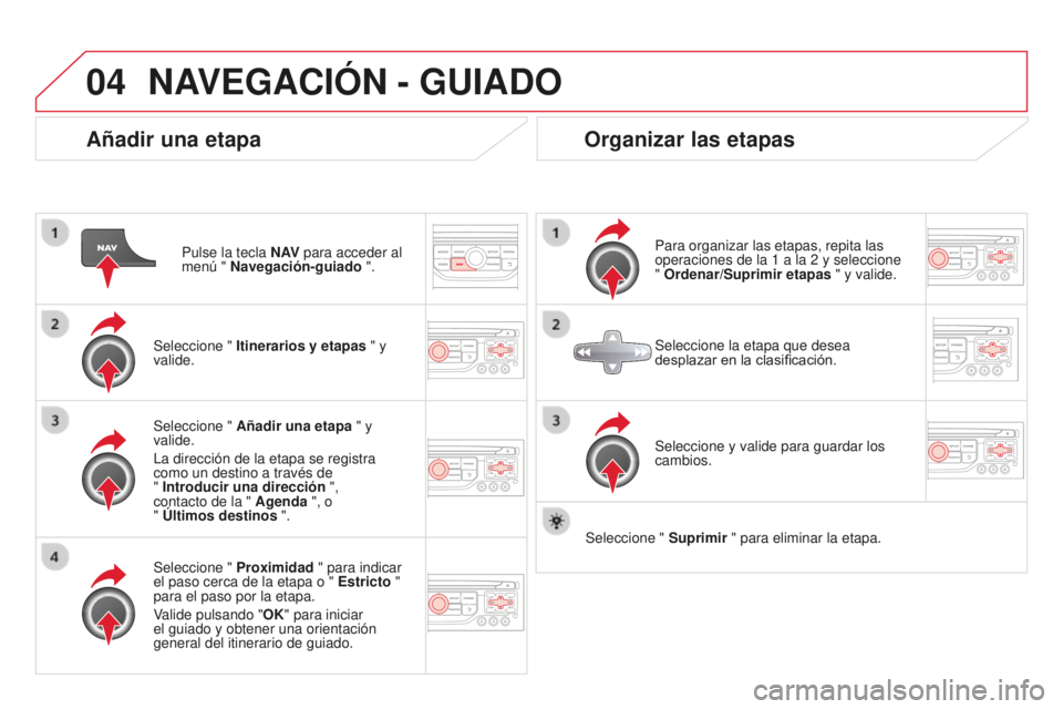 CITROEN DS3 2015  Manuales de Empleo (in Spanish) 04
DS3_es_Chap13b_Rt6-2-8_ed01-2014
Añadir una etapa
Pulse la tecla N AV para acceder al 
menú " Navegación-guiado ".
Seleccione "  Itinerarios y etapas " y 
valide.
Seleccione "