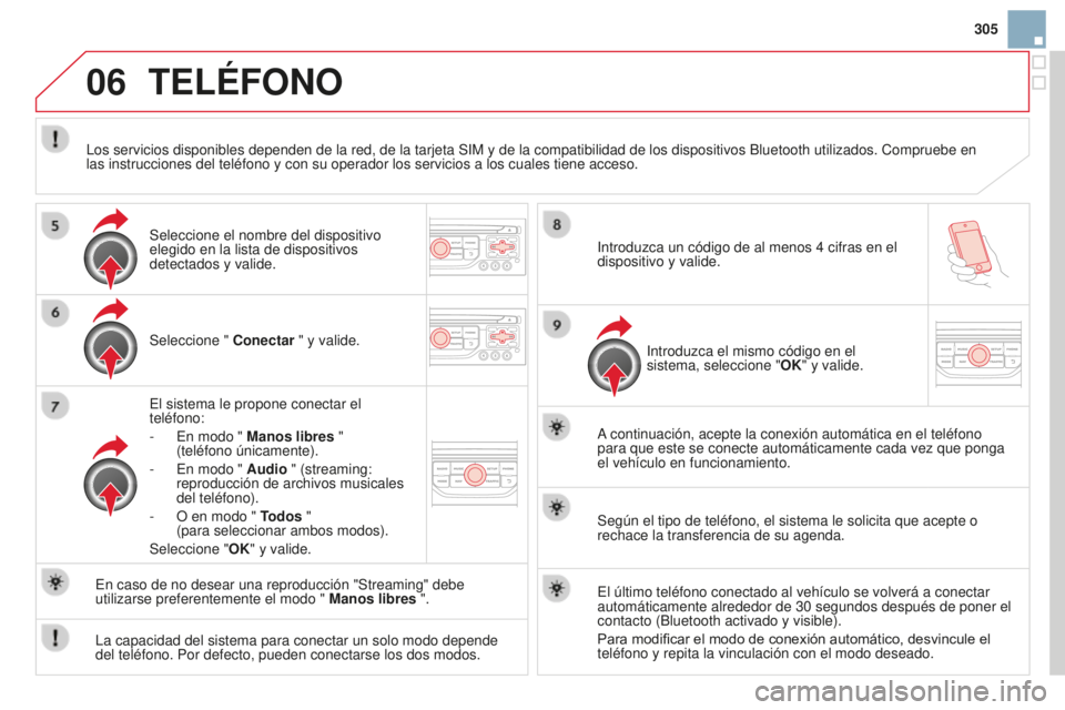 CITROEN DS3 2015  Manuales de Empleo (in Spanish) 06
305
DS3_es_Chap13b_Rt6-2-8_ed01-2014
TELÉFONO
Seleccione " Conectar " y valide.
e

l sistema le propone conectar el 
teléfono:
-
  e n modo " Manos libres "  
(teléfono únicamen