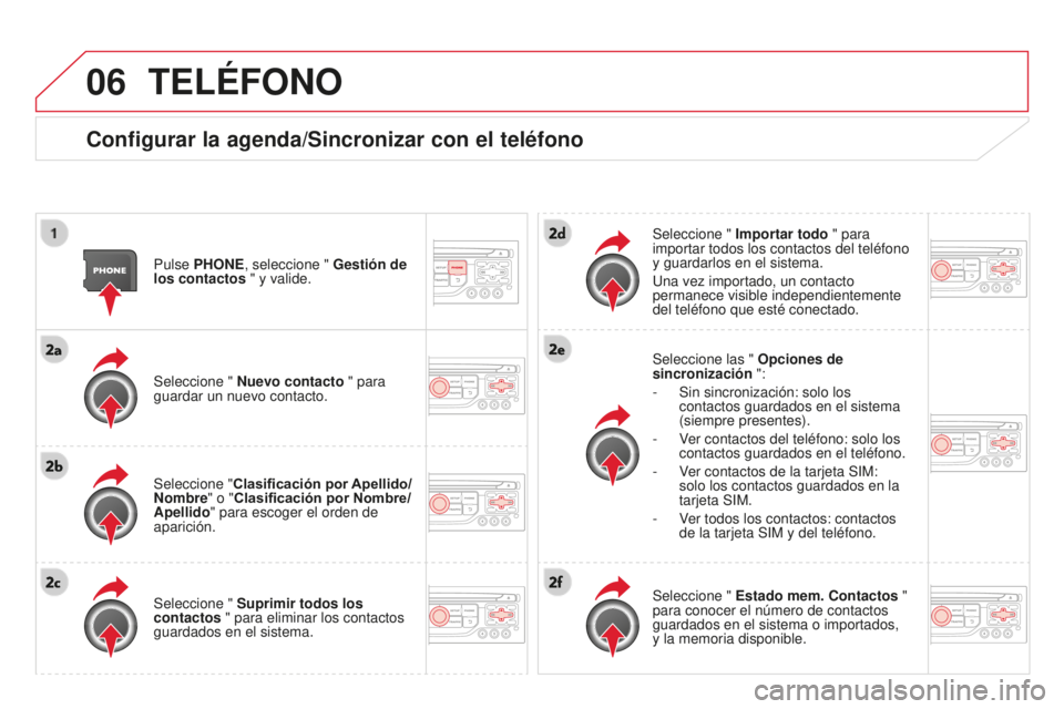 CITROEN DS3 2015  Manuales de Empleo (in Spanish) 06
DS3_es_Chap13b_Rt6-2-8_ed01-2014
TELÉFONO
Configurar la agenda/Sincronizar con el teléfono
Pulse PHONE, seleccione " Gestión de 
los contactos " y valide.
Seleccione " Nuevo contacto