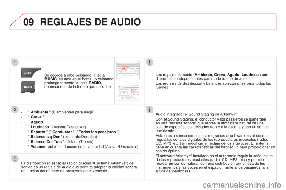 CITROEN DS3 2015  Manuales de Empleo (in Spanish) 09
DS3_es_Chap13b_Rt6-2-8_ed01-2014
REGLAJES DE  AUDIO
Se accede a ellos pulsando la tecla 
MUSIC, situada en el frontal, o pulsando 
prolongadamente la tecla  RADIO, 
dependiendo de la fuente que esc