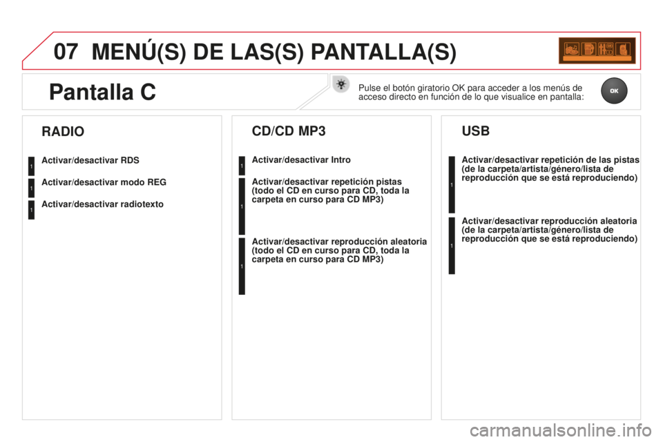CITROEN DS3 2015 Manuales de Empleo (in Spanish) 07
DS3_es_Chap13c_RD45_ed01_2014
MENÚ(S) DE LAS(S) PANTALLA(S)
Activar/desactivar RDS
Activar/desactivar modo REG
Activar/desactivar radiotexto
RADIO
Activar/desactivar Intro
CD/CD MP3
Activar/desact CITROEN DS3 2015 Manuales de Empleo (in Spanish) 07
DS3_es_Chap13c_RD45_ed01_2014
MENÚ(S) DE LAS(S) PANTALLA(S)
Activar/desactivar RDS
Activar/desactivar modo REG
Activar/desactivar radiotexto
RADIO
Activar/desactivar Intro
CD/CD MP3
Activar/desact