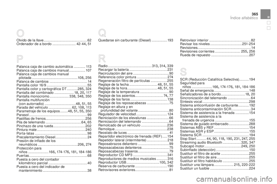 CITROEN DS3 2015  Manuales de Empleo (in Spanish) 365
DS3_es_Chap14_index-recherche_ed01-2014
Olvido de la llave .............................................62
O rdenador de a bordo   ........................42- 44, 51
Radio
 

.....................