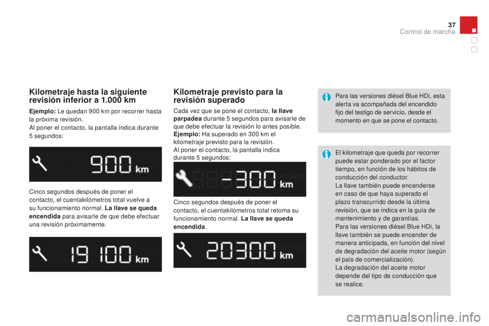 CITROEN DS3 2015  Manuales de Empleo (in Spanish) 37
DS3_es_Chap01_controle-de-marche_ed01-2014
Kilometraje hasta la siguiente 
revisión inferior a 1.000  km
Ejemplo:  le q uedan 900   km por recorrer hasta 
la próxima revisión.
al p

oner el cont
