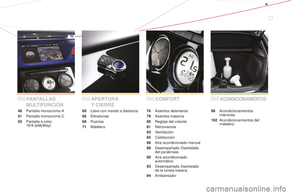 CITROEN DS3 2015  Manuales de Empleo (in Spanish) DS3_es_Chap00a_sommaire_ed01-2014
PANTALLAS 
MULTIFUNCIÓNCONFORT
APERTUR A 
Y CIERRE
48 Pantalla monocroma  a
51 P

antalla monocroma C
55
 P

antalla a color 
16/9
 

(eMy Way) 60 
l lave con mando 