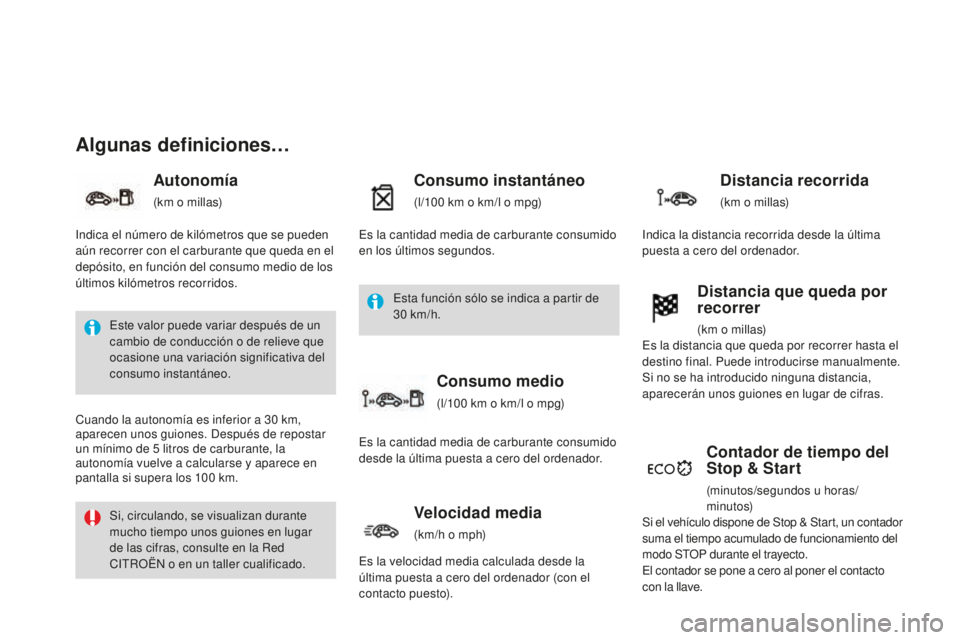 CITROEN DS3 2015  Manuales de Empleo (in Spanish) DS3_es_Chap01_controle-de-marche_ed01-2014
Algunas definiciones…
Autonomía
(km o millas)
Consumo instantáneo
(l/100 km o km/l o mpg)
Contador de tiempo del 
Stop & Start
(minutos/segundos u horas/