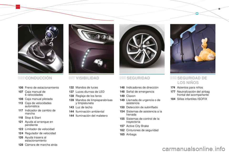 CITROEN DS3 2015  Manuales de Empleo (in Spanish) DS3_es_Chap00a_sommaire_ed01-2014
SEGURIDAD
CONDUCCIÓN SEGURIDAD DE 
LOS NIÑOS
174 asientos para niños
17 7
 
 n
e
 utralización del airbag 
frontal del acompañante
184
 S

illas infantiles  i
SO