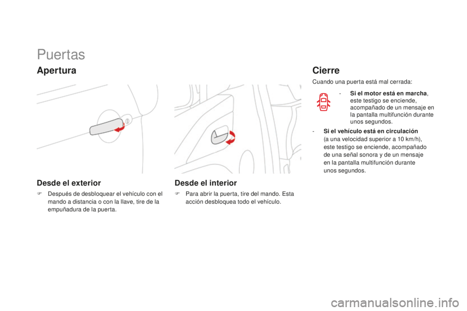 CITROEN DS3 2015 Manuales de Empleo (in Spanish) DS3_es_Chap03_ouvertures_ed01-2014
Puertas
Apertura
Desde el exterior
F Después de desbloquear el vehículo con el mando a distancia o con la llave, tire de la
empuñadura de la puerta.
Desde el int CITROEN DS3 2015 Manuales de Empleo (in Spanish) DS3_es_Chap03_ouvertures_ed01-2014
Puertas
Apertura
Desde el exterior
F Después de desbloquear el vehículo con el mando a distancia o con la llave, tire de la
empuñadura de la puerta.
Desde el int