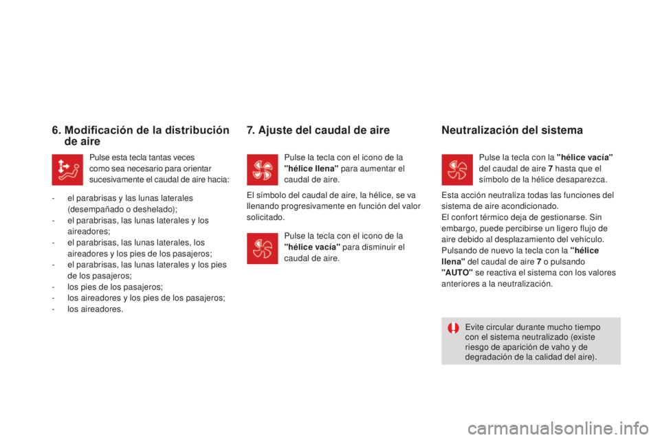 CITROEN DS3 2015  Manuales de Empleo (in Spanish) DS3_es_Chap04_confort_ed01-2014
6.  Modificación de la distribución de aire
Pulse esta tecla tantas veces 
como sea necesario para orientar 
sucesivamente el caudal de aire hacia:
-
 
e

l parabrisa