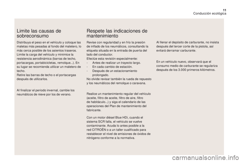 CITROEN DS4 2017  Manuales de Empleo (in Spanish) 11
DS4_es_Chap00c_eco-conduite_ed01-2016
Limite las causas de 
sobreconsumo
Distribuya el peso en el vehículo y coloque las 
maletas más pesadas al fondo del maletero, lo 
más cerca posible de los 