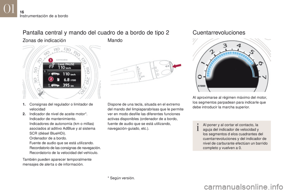 CITROEN DS4 2017  Manuales de Empleo (in Spanish) 16
DS4_es_Chap01_instruments-de-bord_ed01-2016
Pantalla central y mando del cuadro de a bordo de tipo 2
1. Consignas del regulador o limitador de velocidad
2.
 I

ndicador de nivel de aceite motor*.
 