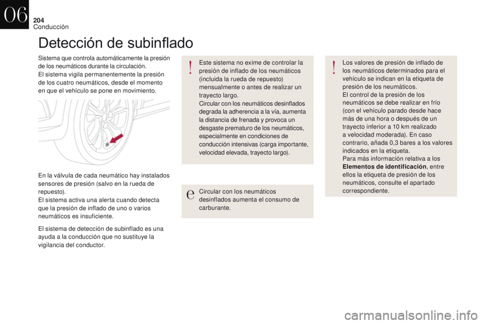 CITROEN DS4 2017  Manuales de Empleo (in Spanish) 204
DS4_es_Chap06_conduite_ed01-2016
Detección de subinflado
Sistema que controla automáticamente la presión 
de los neumáticos durante la circulación.
El sistema vigila permanentemente la presi