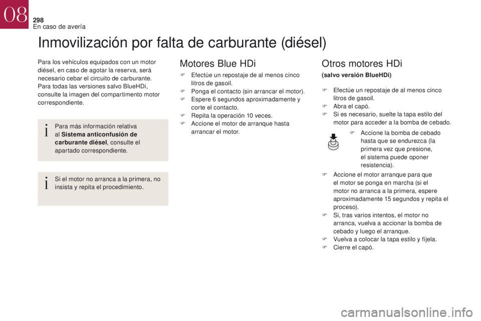CITROEN DS4 2017  Manuales de Empleo (in Spanish) 298
DS4_es_Chap08_en-cas-de-panne_ed01-2016
Inmovilización por falta de carburante (diésel)
Para los vehículos equipados con un motor 
diésel, en caso de agotar la reserva, será 
necesario cebar 