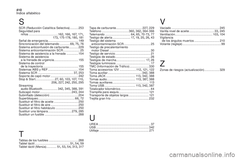 CITROEN DS4 2017  Manuales de Empleo (in Spanish) 410
Índice alfabético
DS4_es_Chap11_index-alpha_ed01-2016
Tablas de los fusibles ...................................28 8
Tablet táctil  .......................................... 51, 54 , 59
Tablet