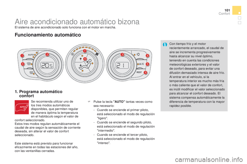 CITROEN DS4 2016  Manuales de Empleo (in Spanish) 101
DS4_es_Chap03_confort_ed03-2015
Aire acondicionado automático bizonaEl sistema de aire acondicionado solo funciona con el motor en marcha.
Funcionamiento automático
1.  Programa automático  con