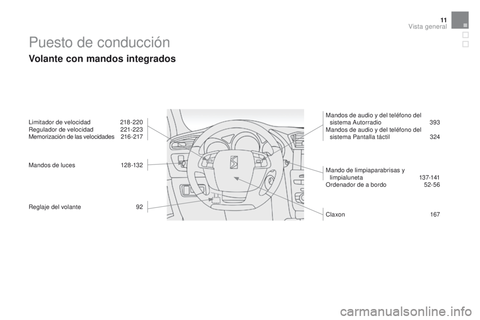 CITROEN DS4 2016  Manuales de Empleo (in Spanish) 11
DS4_es_Chap00b_vue-ensemble_ed03-2015
Puesto de conducción
Volante con mandos integrados
Limitador de velocidad 218 -220
Regulador de velocidad 2 21-223
Memorización de las velocidades
 2

16 -21