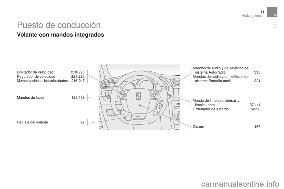CITROEN DS4 2016 Manuales de Empleo (in Spanish) 11
DS4_es_Chap00b_vue-ensemble_ed03-2015
Puesto de conducción
Volante con mandos integrados
Limitador de velocidad 218 -220
Regulador de velocidad 2 21-223
Memorización de las velocidades
2
16 -21 CITROEN DS4 2016 Manuales de Empleo (in Spanish) 11
DS4_es_Chap00b_vue-ensemble_ed03-2015
Puesto de conducción
Volante con mandos integrados
Limitador de velocidad 218 -220
Regulador de velocidad 2 21-223
Memorización de las velocidades
2
16 -21