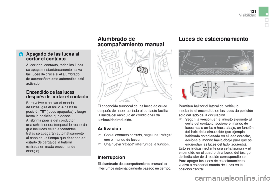 CITROEN DS4 2016  Manuales de Empleo (in Spanish) 131
DS4_es_Chap05_visibilite_ed03-2015
Apagado de las luces al 
cortar el contacto
Al cortar el contacto, todas las luces 
se apagan instantáneamente, salvo 
las luces de cruce si el alumbrado 
de ac