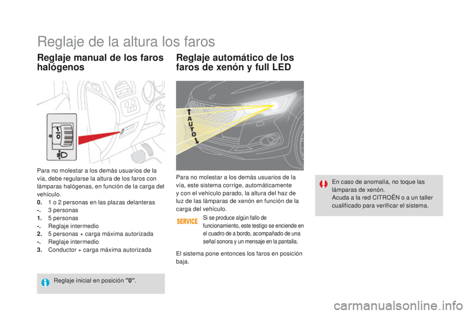 CITROEN DS4 2016  Manuales de Empleo (in Spanish) DS4_es_Chap05_visibilite_ed03-2015
Reglaje automático de los  
faros de xenón y full LED
En caso de anomalía, no toque las 
lámparas de xenón.
Acuda a la red CITROËN o a un taller 
cualificado p
